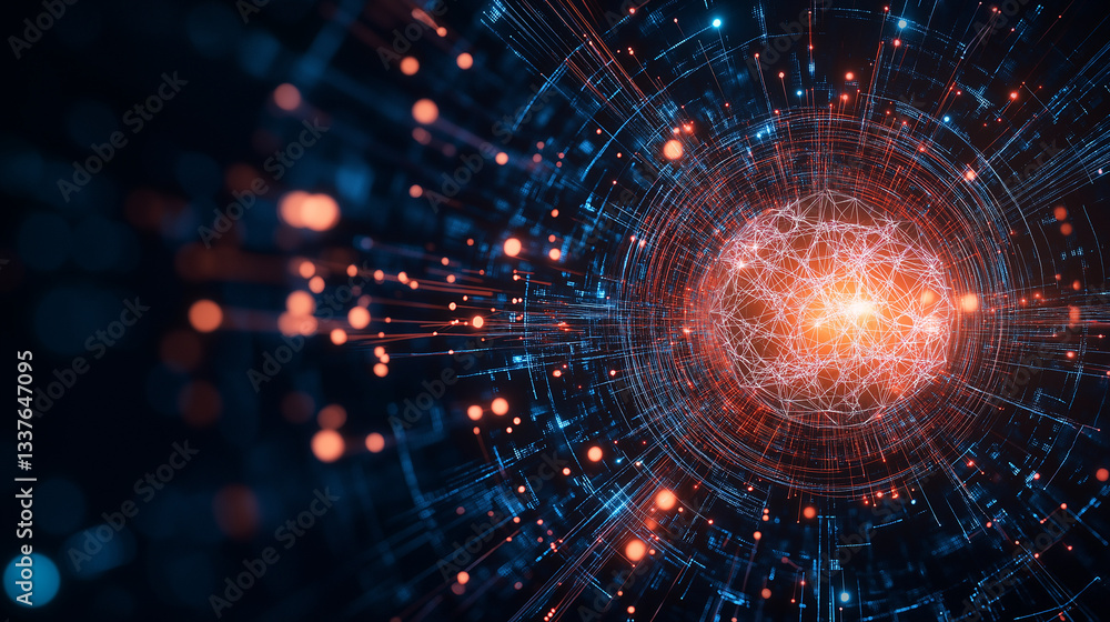 Fototapeta premium Digital Core: A mesmerizing digital representation of a central core, illuminated by interconnected data streams in an electric display of technological advancements.
