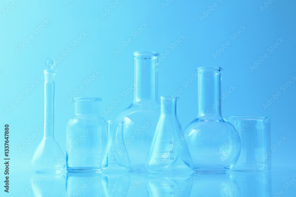 Different laboratory glassware on light blue background Different laboratory glassware on light blue background