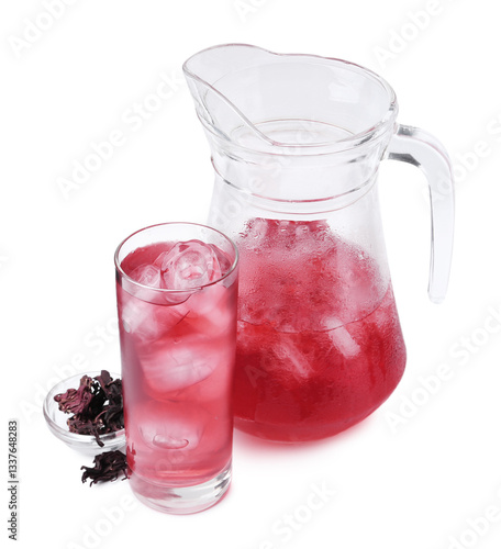 Wallpaper Mural Delicious hibiscus tea with ice and dry roselle sepals isolated on white Torontodigital.ca