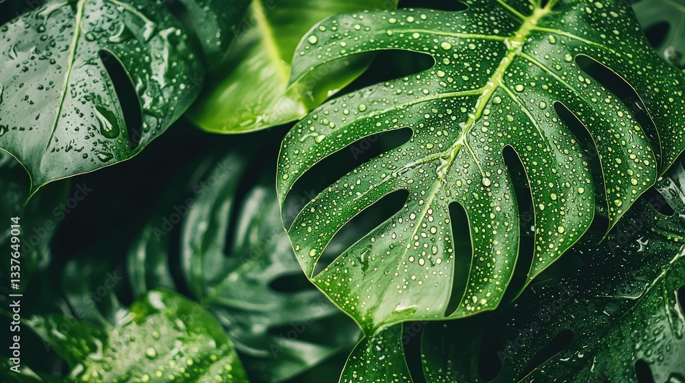 Lush green leaves with water droplets. Lush green leaves with water droplets.