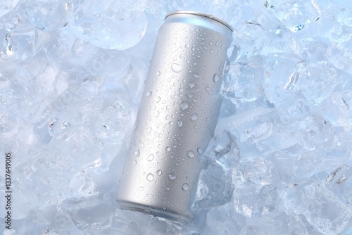 Refreshing drink in can on ice cubes, top view