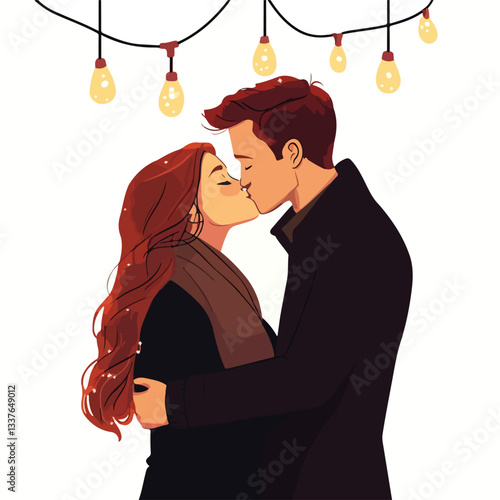 Romantic Young Couple Kissing Under Bright Christmas Lights