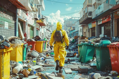 Premium Quality Image of Sanitation Worker with Recyclables on Messy Street