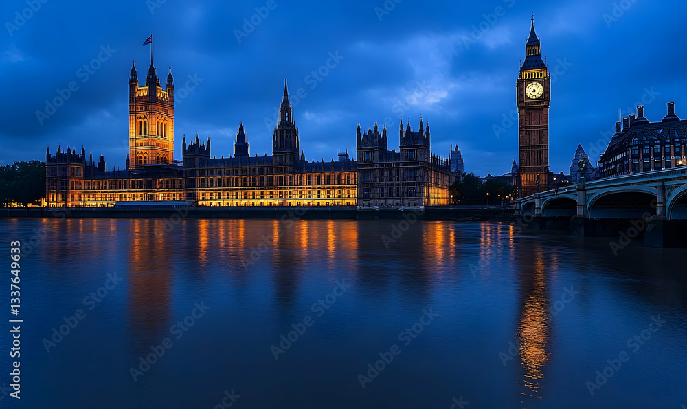 Majestic view of the Houses of Parliament and Big Ben illuminated at dusk by the River Thames Majestic view of the Houses of Parliament and Big Ben illuminated at dusk by the River Thames