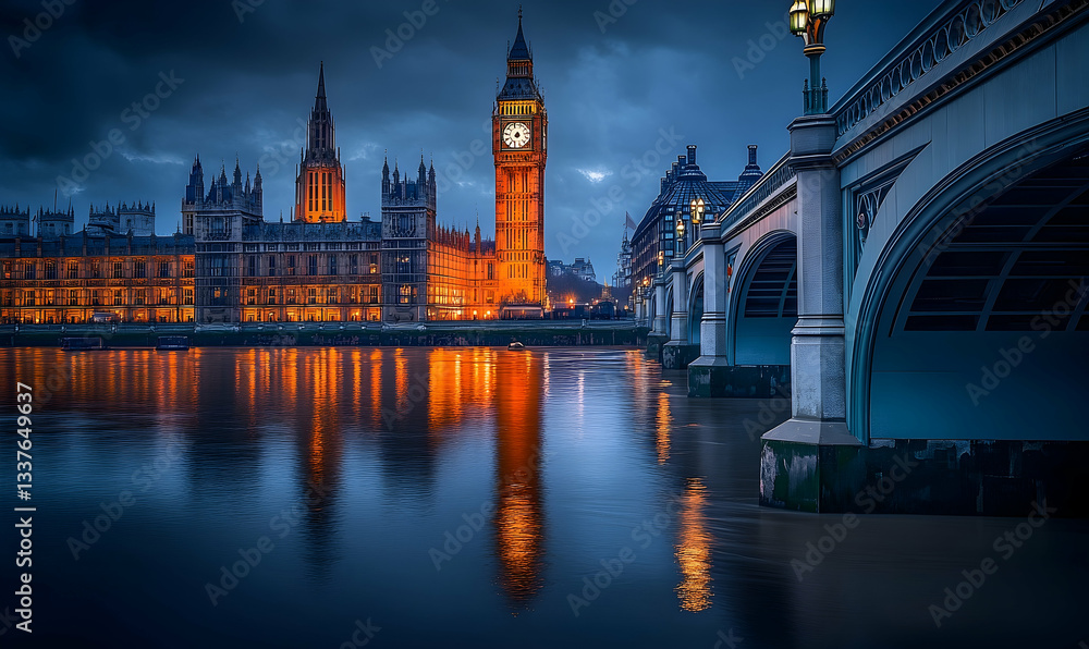 Naklejka premium Majestic view of the illuminated Big Ben and Houses of Parliament at dusk, reflecting on the Thames