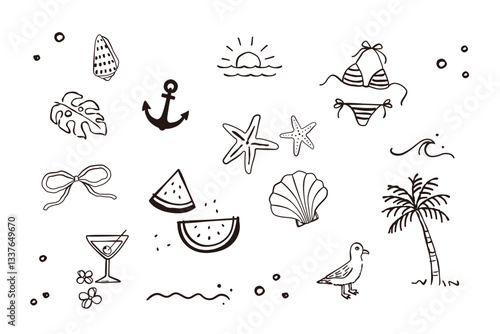 Summer beach icon set, Vector hand drawn sketched design element.