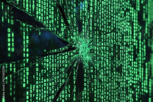A shattered digital matrix with glowing green binary code.