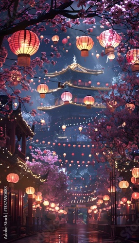 A grand palace garden filled with blooming cherry blossoms, paper lanterns glowing in the night, cinematic peaceful harmony