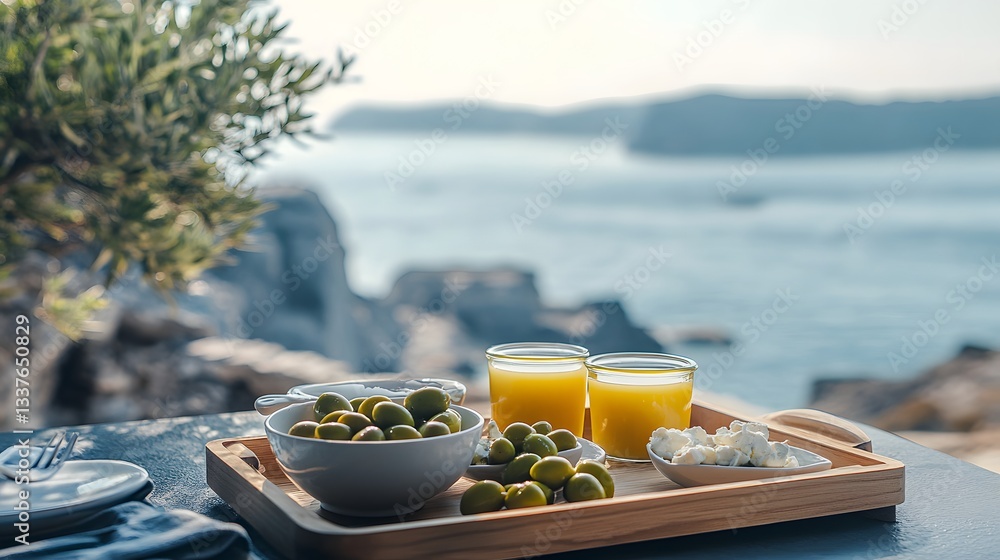 Fototapeta premium Minimalist yet elegant Mediterranean breakfast on a wooden tray.