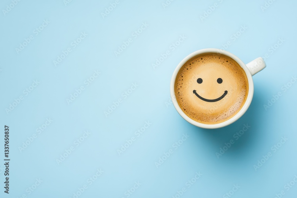 Smiley face latte in a white cup on a pastel blue background. Smiley face latte in a white cup on a pastel blue background.