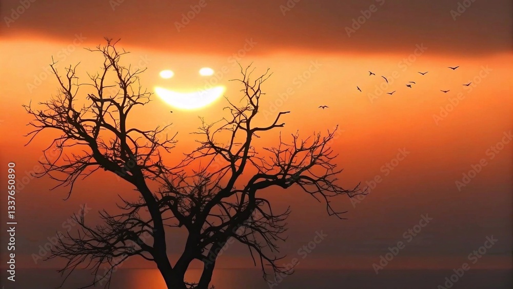 Smiling Sun at Sunset with Tree Silhouette and Flying Birds
Smiling Sun at Sunset with Tree Silhouette and Flying Birds