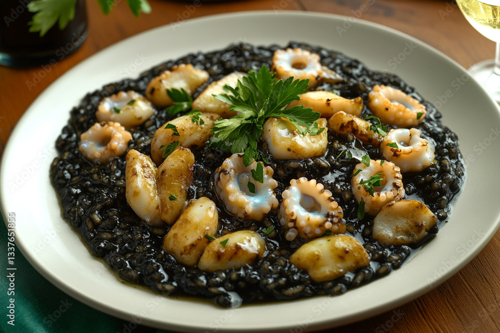 Grilled octopus and seafood served over black rice in a cozy restaurant setting during dinner time Grilled octopus and seafood served over black rice in a cozy restaurant setting during dinner time