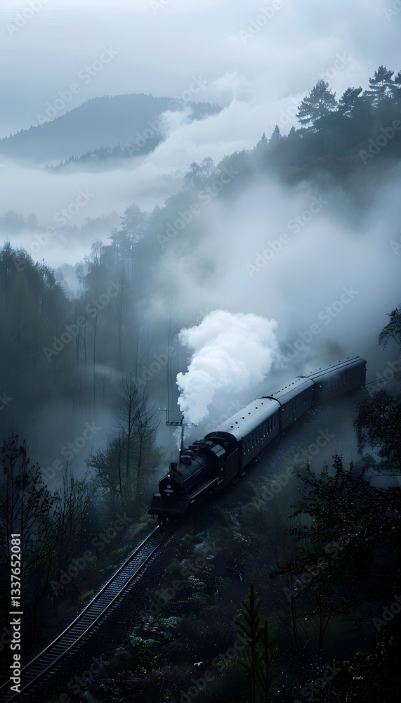 Fototapeta premium A ghostly train rolling through a fog-covered valley, passengers visible as transparent silhouettes, cinematic eerie nostalgia