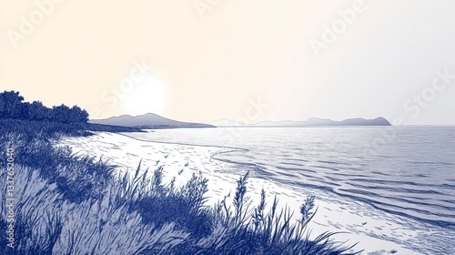 Serene Coastal Sunset Hand-Drawn Beachscape Illustration
