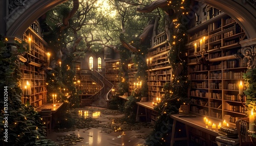 A grand library hidden deep in a forest, bookshelves stretching endlessly under golden candlelight, cinematic enchanted wisdom