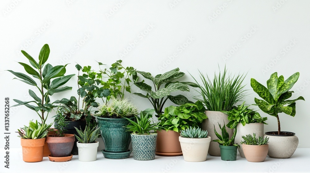 Collection of potted indoor plants against white wall. Collection of potted indoor plants against white wall.