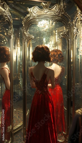A film starlet in a dressing room filled with vintage Hollywood mirrors, where the reflection in the glass is a younger version of herself, glowing with lost time