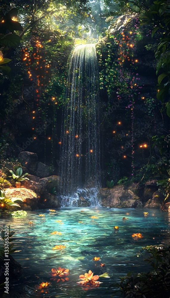 Obraz premium A hidden waterfall deep in the jungle, vines and glowing flowers surrounding the clear blue pool, cinematic nature s secret