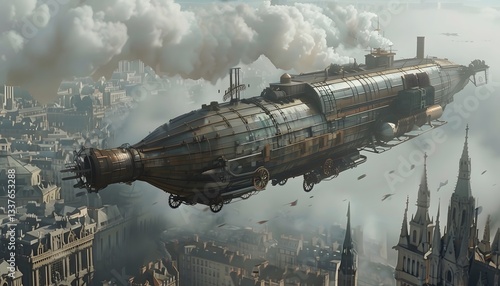 A steampunk airship flying over a futuristic city, gears whirring as steam rises from its exhaust, cinematic sky-high adventure