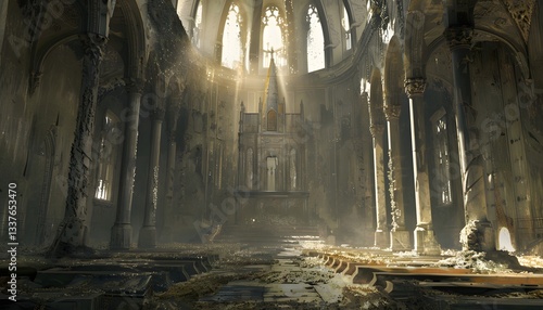 A grand throne room covered in dust, the remnants of a fallen kingdom frozen in time, cinematic medieval ruins
