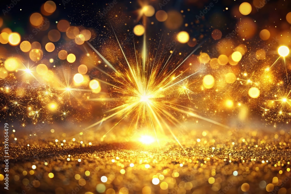 Fototapeta premium Golden Glitter Explosion: Shimmering Sparkle & Radiant Light Rays Double Exposure Stock Photo