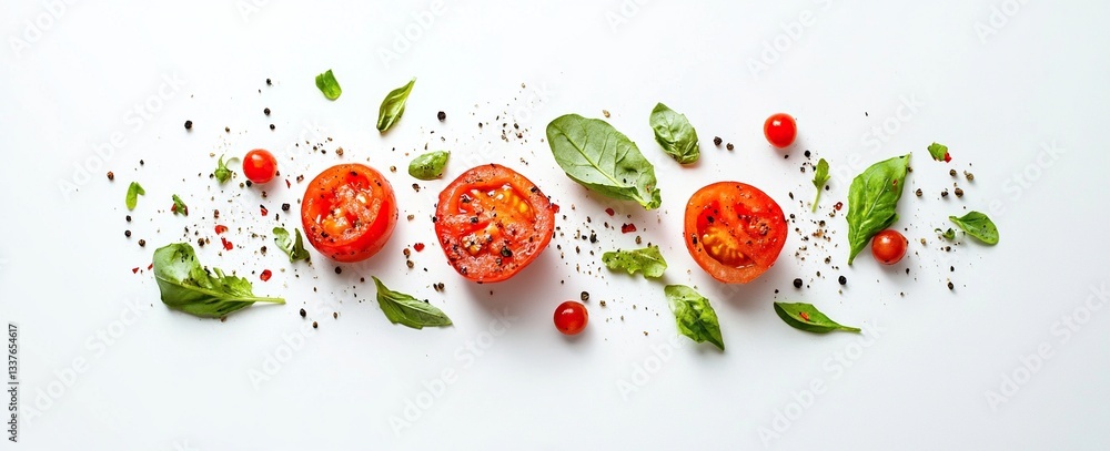Fresh tomatoes, basil, and spices on white background. Fresh tomatoes, basil, and spices on white background.