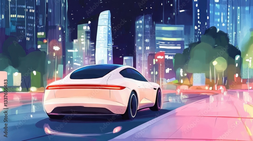 A sleek white car drives through a vibrant, illuminated cityscape at night, surrounded by modern skyscrapers and colorful reflections on the wet road. A sleek white car drives through a vibrant, illuminated cityscape at night, surrounded by modern skyscrapers and colorful reflections on the wet road.