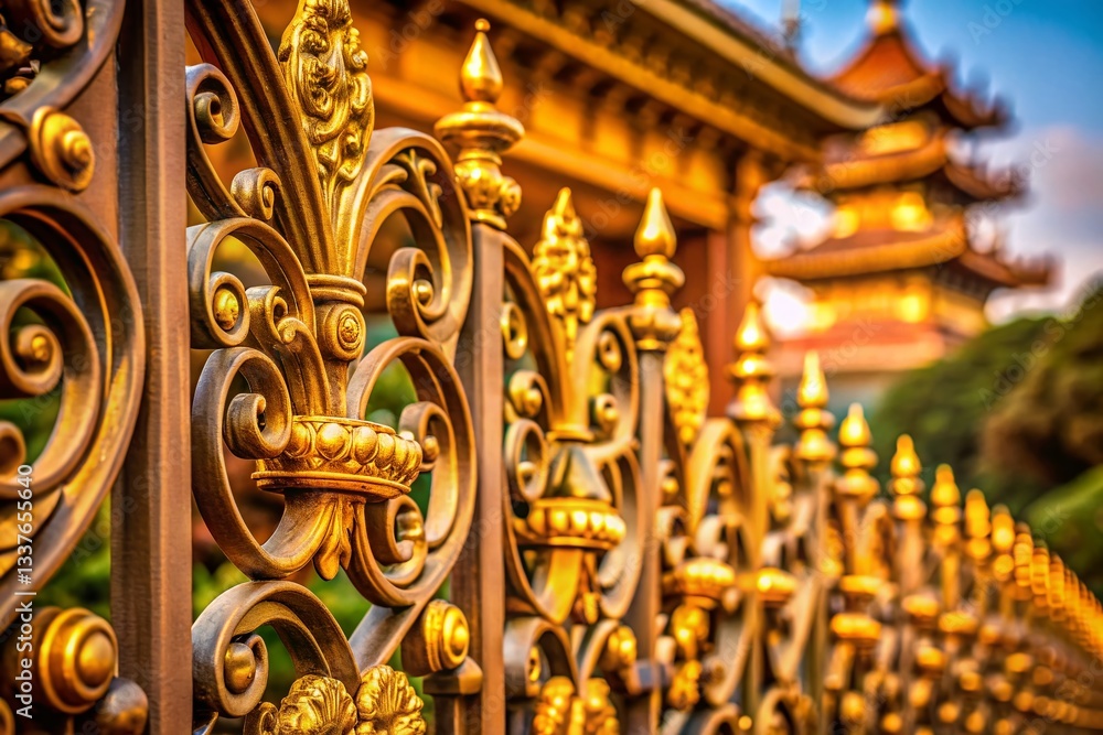 Fototapeta premium Golden Ornate Wrought Iron Gate Close-Up - Shrine Entrance, Detailed Forged Metalwork
