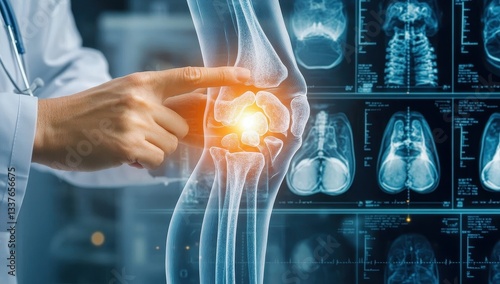 Doctor examining digital knee X-ray with highlighted joint area.