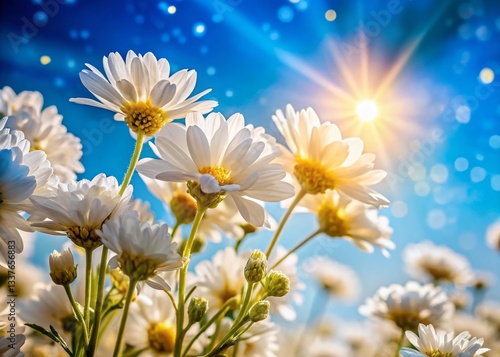 Golden White Flowers, Vibrant Blue Sky, Sparkling Sunlight - Nature Stock Photo