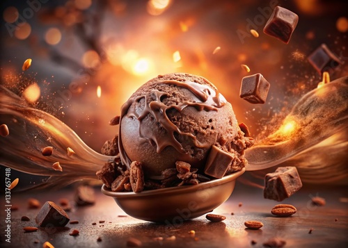 Gourmet Chocolate Ice Cream Scoop with Flakes - Double Exposure Stock Photo