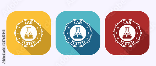 Lab tested icon. Laboratory testing product quality certificate symbol in shadow button design
