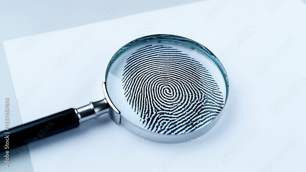 Magnifying glass over a fingerprint on white paper for crime scene investigation analysis. Magnifying glass over a fingerprint on white paper for crime scene investigation analysis.