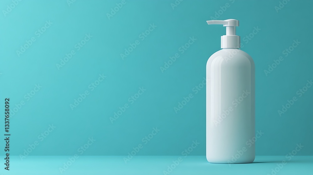 White shampoo bottle with a pump on a blue background, with space for text. White shampoo bottle with a pump on a blue background, with space for text.