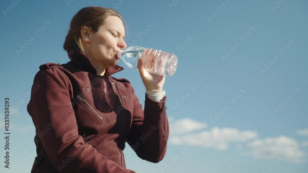 Woman Drinking Water From a Bottle Against a Bright Blue Sky on a Sunny Day