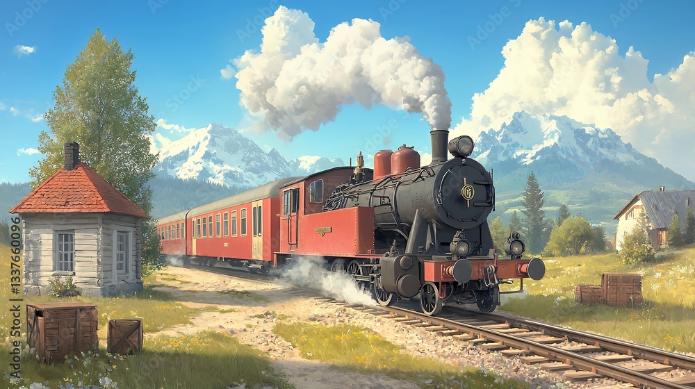 Obraz premium Vintage Steam Train Chugging Through Scenic Mountain Landscape on a Clear Day