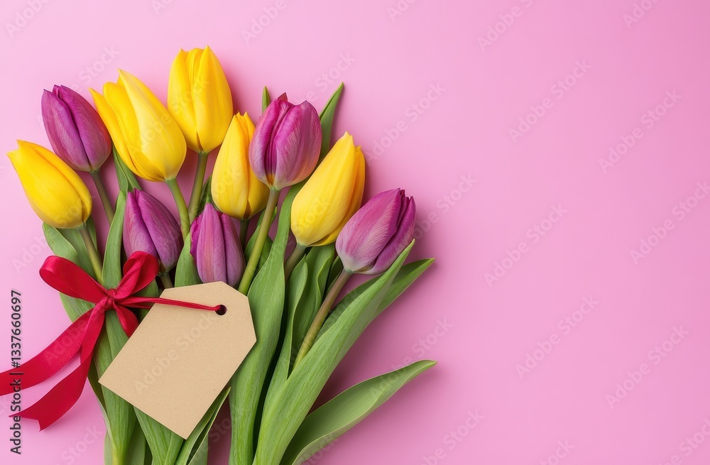 Fototapeta premium Vibrant bouquet of yellow and purple tulips on a pink background.