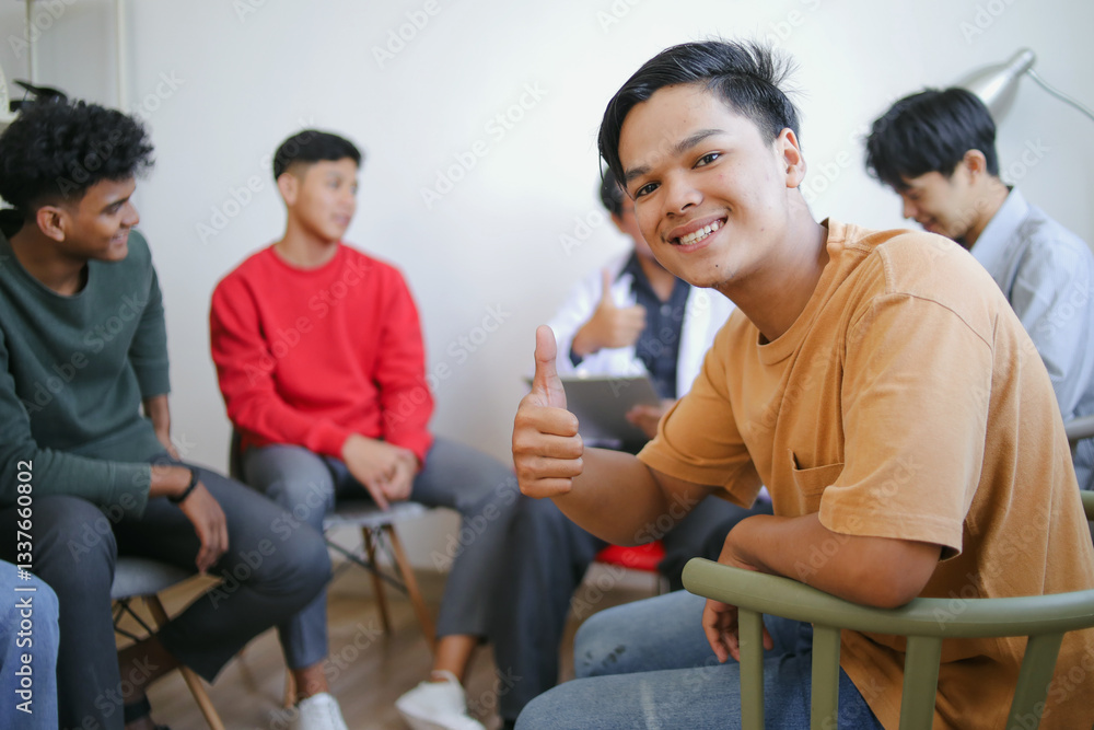 Excited Young Asian Man Giving Thumb Up Against Blurry Group Psychological Counseling Background Excited Young Asian Man Giving Thumb Up Against Blurry Group Psychological Counseling Background