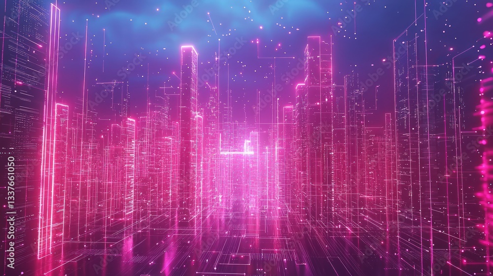 Futuristic pink city skyline at night, digital art. Futuristic pink city skyline at night, digital art.