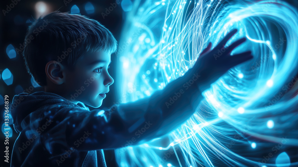 A kid boy interacts with a neural network display. The concept of early learning, future technology, and the curiosity-driven exploration of AI. Generative AI. A kid boy interacts with a neural network display. The concept of early learning, future technology, and the curiosity-driven exploration of AI. Generative AI.