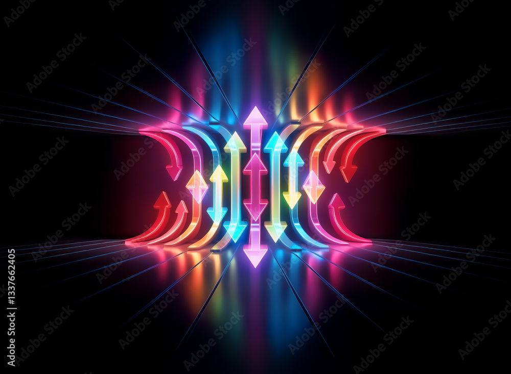 Vibrant, glowing rainbow arrows ascend in a striking, symmetrical arrangement against a dark background, their reflections mirroring the upward trajectory. The image symbolizes growth, progress, and Vibrant, glowing rainbow arrows ascend in a striking, symmetrical arrangement against a dark background, their reflections mirroring the upward trajectory. The image symbolizes growth, progress, and