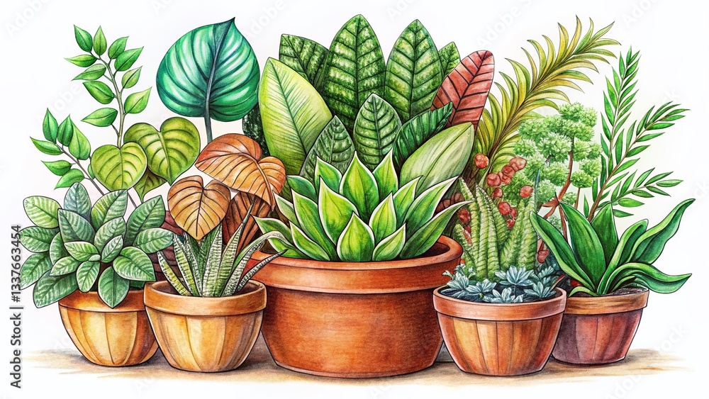 Fototapeta premium Hand-Drawn Plant Sketches in Pot: Detailed Botanical Illustrations