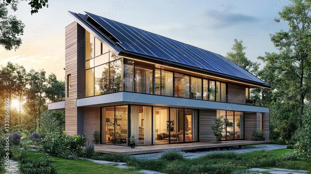 Modern Sustainable Home with Solar Panels and Lush Greenery at Dusk Modern Sustainable Home with Solar Panels and Lush Greenery at Dusk
