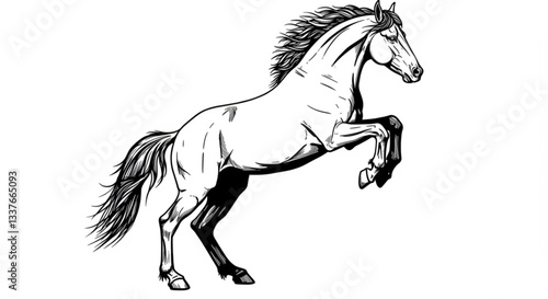 Black and white illustration, rearing horse, silhouette, dynamic pose, flowing mane and tail, muscular stallion, side view, dramatic, vector art style, high contrast, detailed linework, equine power, 