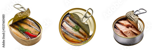 Tinned Culinary Trio: A close-up shot showcases a trio of opened food tins, revealing a variety of appetizing preserved seafood delicacies, capturing culinary diversity and gastronomic potential.