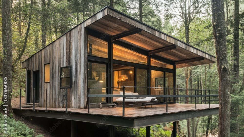 Serene woodland retreat: Modern cabin blends into the forest ambiance naturally Serene woodland retreat: Modern cabin blends into the forest ambiance naturally