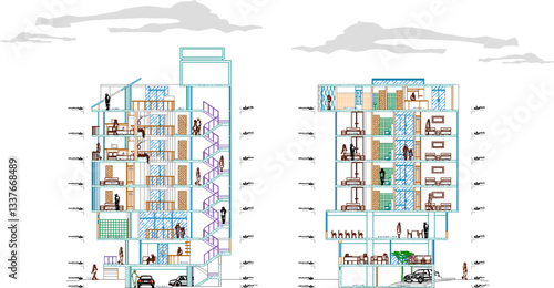 vector sketch illustration of architectural design of modern multi-storey mall plaza building with scale size 