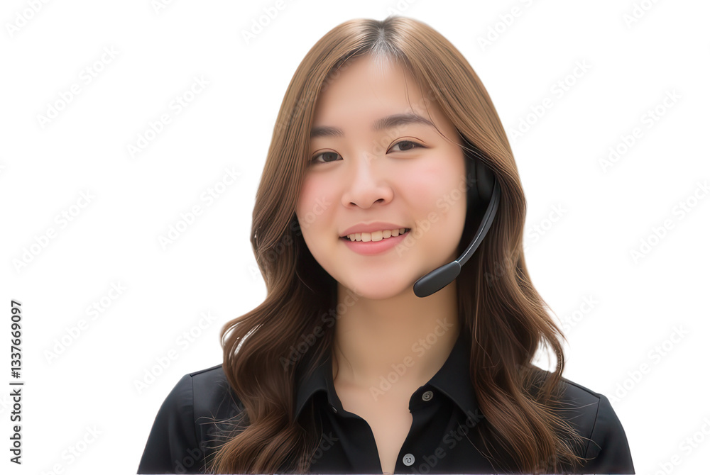 Friendly Female Customer Service Representative with Headset Smiling Friendly Female Customer Service Representative with Headset Smiling