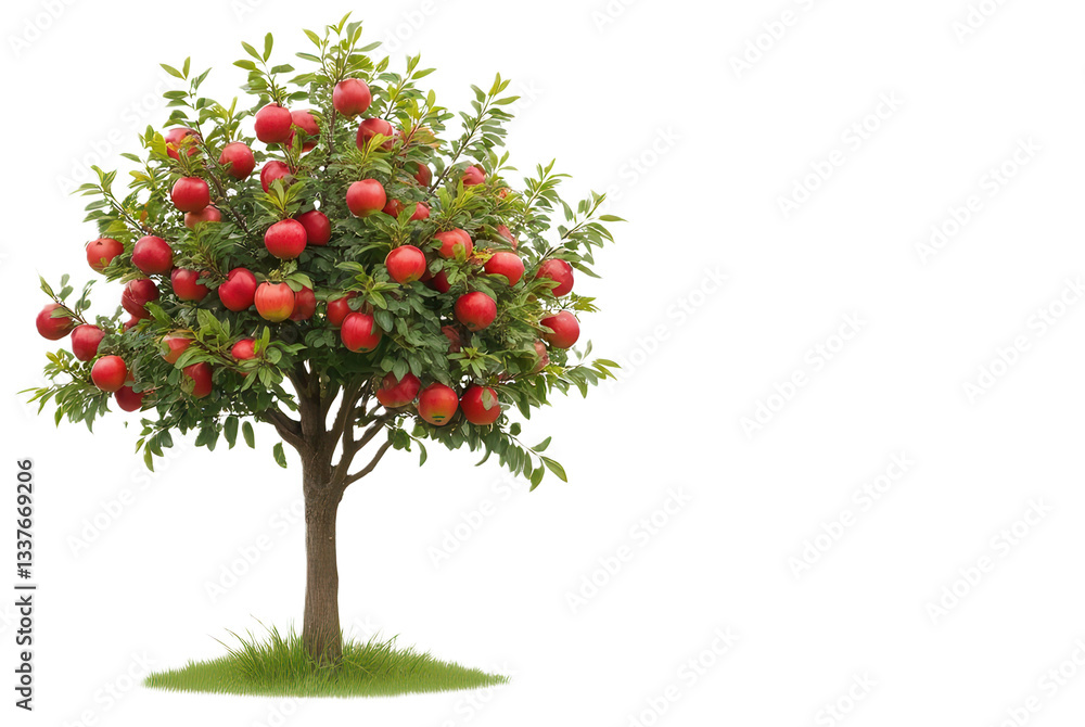 Obraz premium Lush apple tree with ripe red apples and vivid green leaves