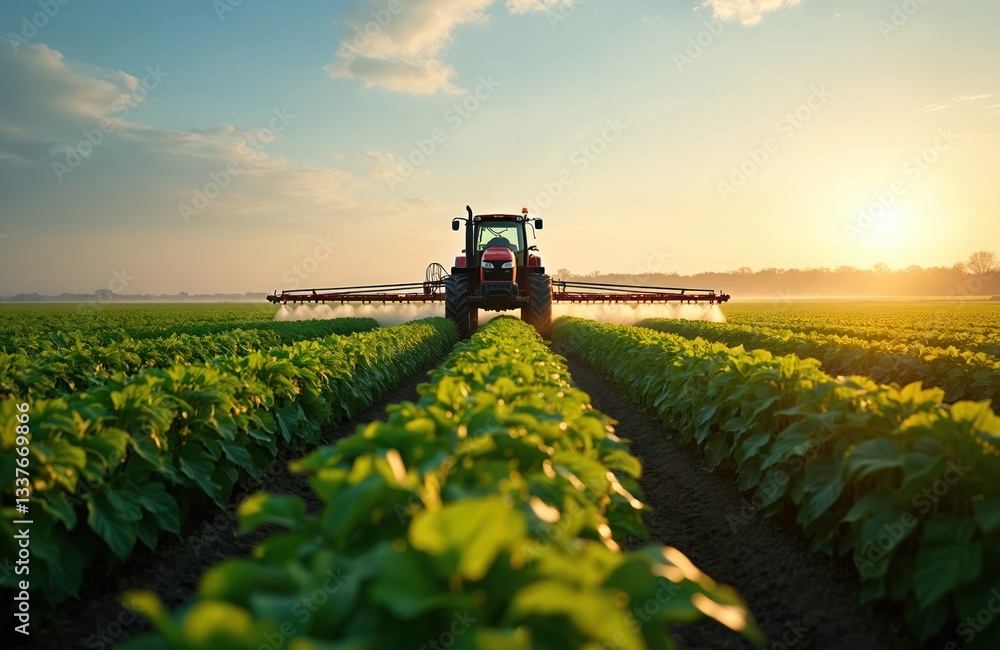 Tractor sprays soy field at springtime. Agriculture machine sprays pesticides on cultivated crops in field. Farm machinery drives through rural land, watering plants with chemicals in evening light. Tractor sprays soy field at springtime. Agriculture machine sprays pesticides on cultivated crops in field. Farm machinery drives through rural land, watering plants with chemicals in evening light.
